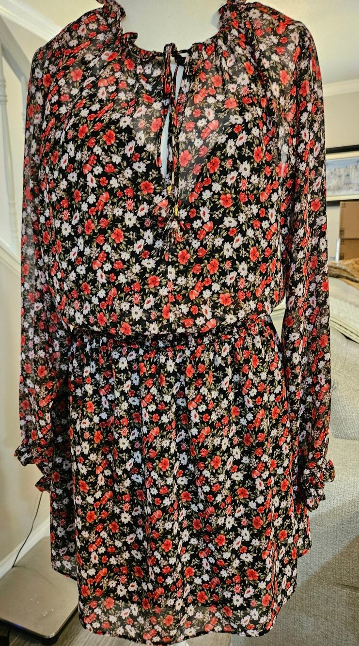 Beautiful Chiffon Socialite Black w/ Red Flowers XL Flowy Dress Shear Lined B82